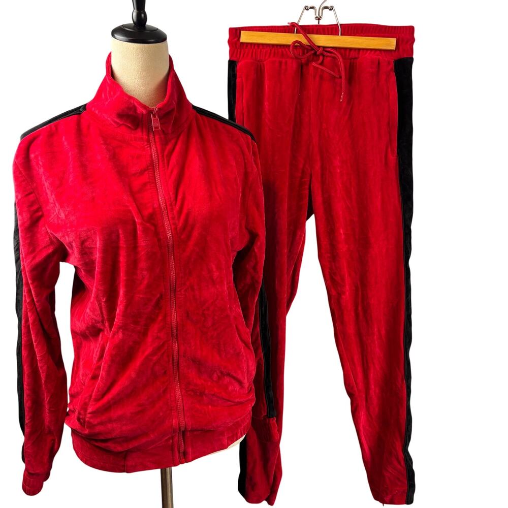 Rebel Minds Red Crushed Velour Velvet Tracksuit Womens Small Y2K Streetwear Set